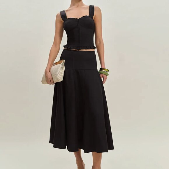 Reformation Black Linen Two Piece Midi Skirt & Top - Size 2 - Picture 1 of 3